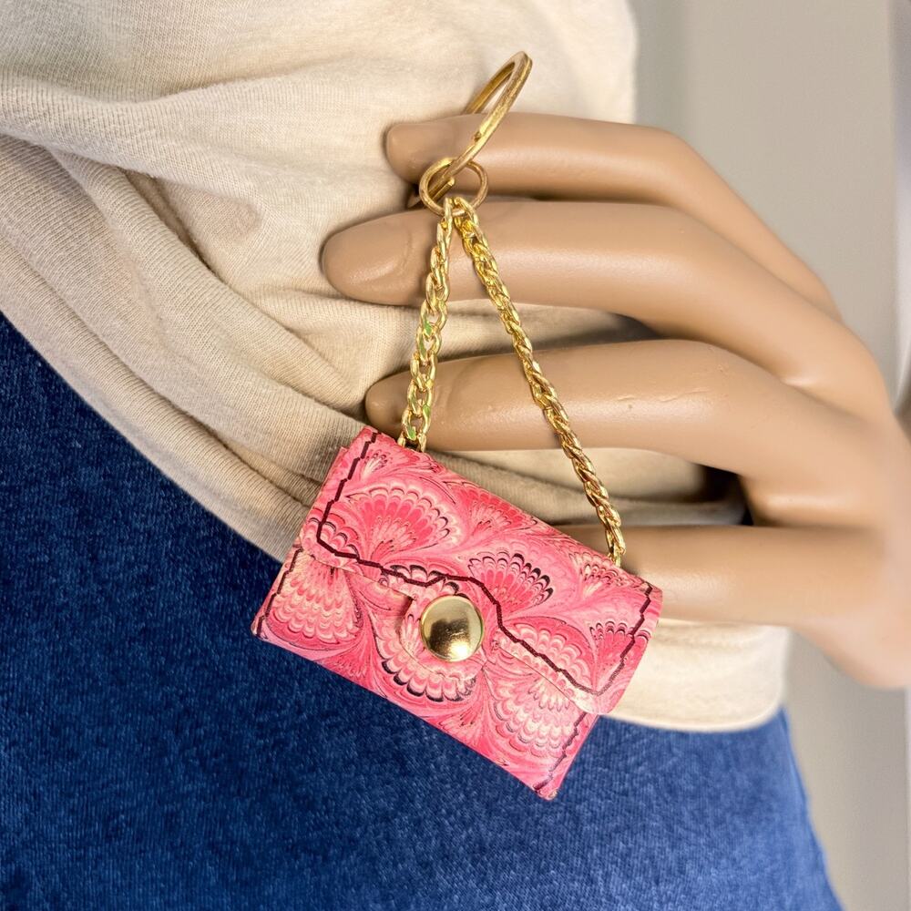 Mini Purse Keychain Pink Floral Tiny Handbag 2" Gold Chain Bag Charm Coin Pouch